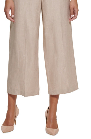 Calvin Klein Women's Linen Cropped Wide Leg Pants Brown Size 14 Petite