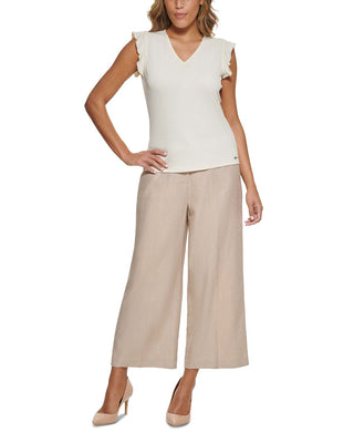 Calvin Klein Women's Ruffle Cap Sleeve V Neck Top Beige Size X-Large