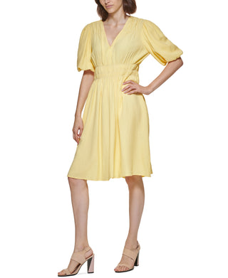 Calvin Klein Women's Smocked Waist Gauze Dress Yellow Size 16