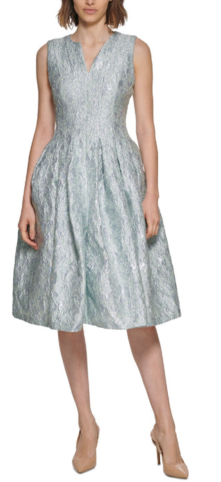 Calvin Klein Women's Jacquard Pleated Fit & Flare Dress Blue Size 10