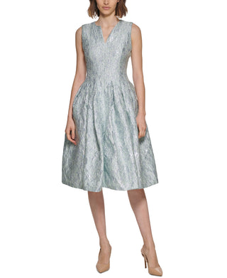 Calvin Klein Women's Jacquard Pleated Fit & Flare Dress Blue Size 2