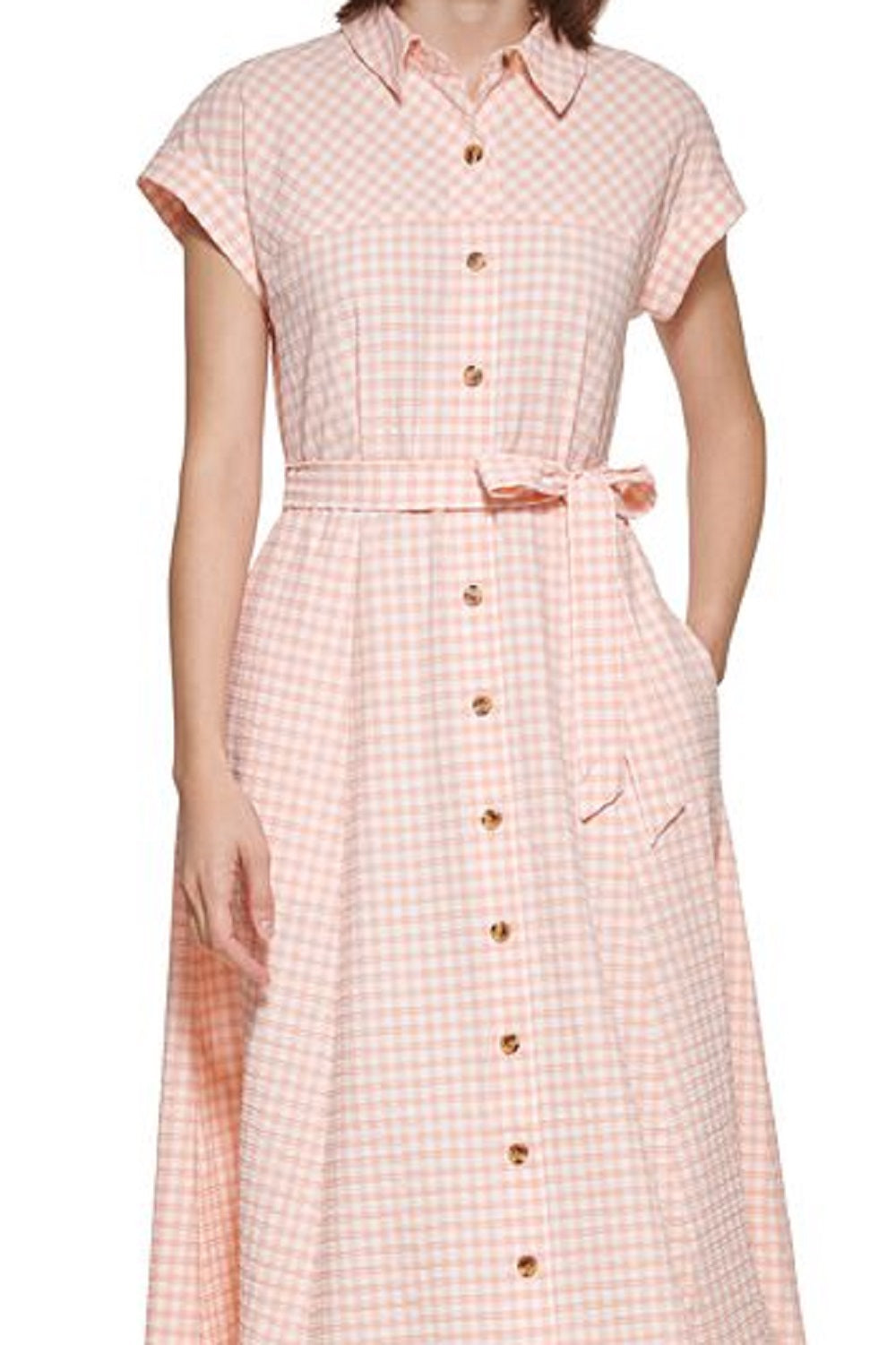 Calvin Klein Women's Belted Gingham Shirtdress Orange Size 16