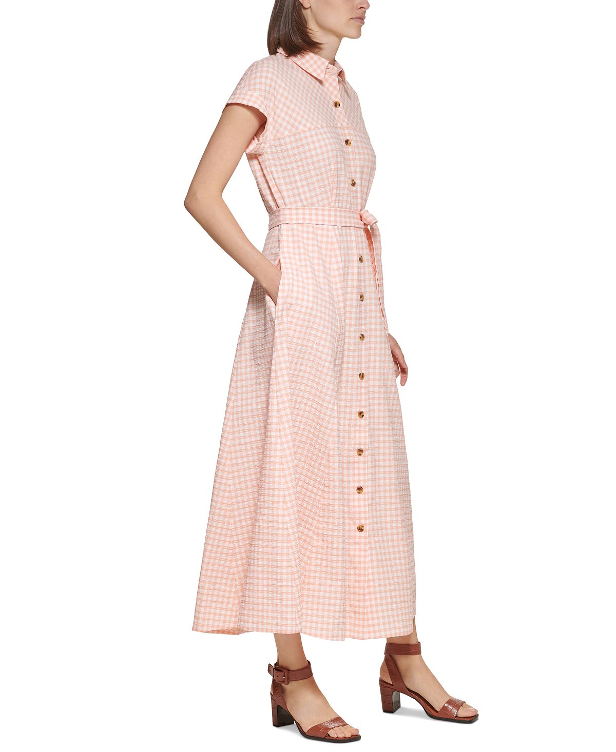 Calvin Klein Women's Belted Gingham Shirtdress Orange Size 4