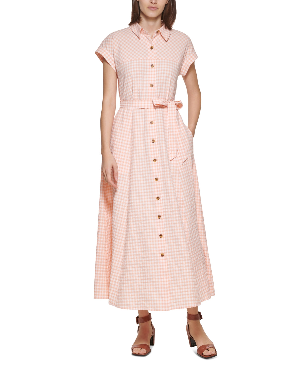 Calvin Klein Women's Belted Gingham Shirtdress Orange Size 4