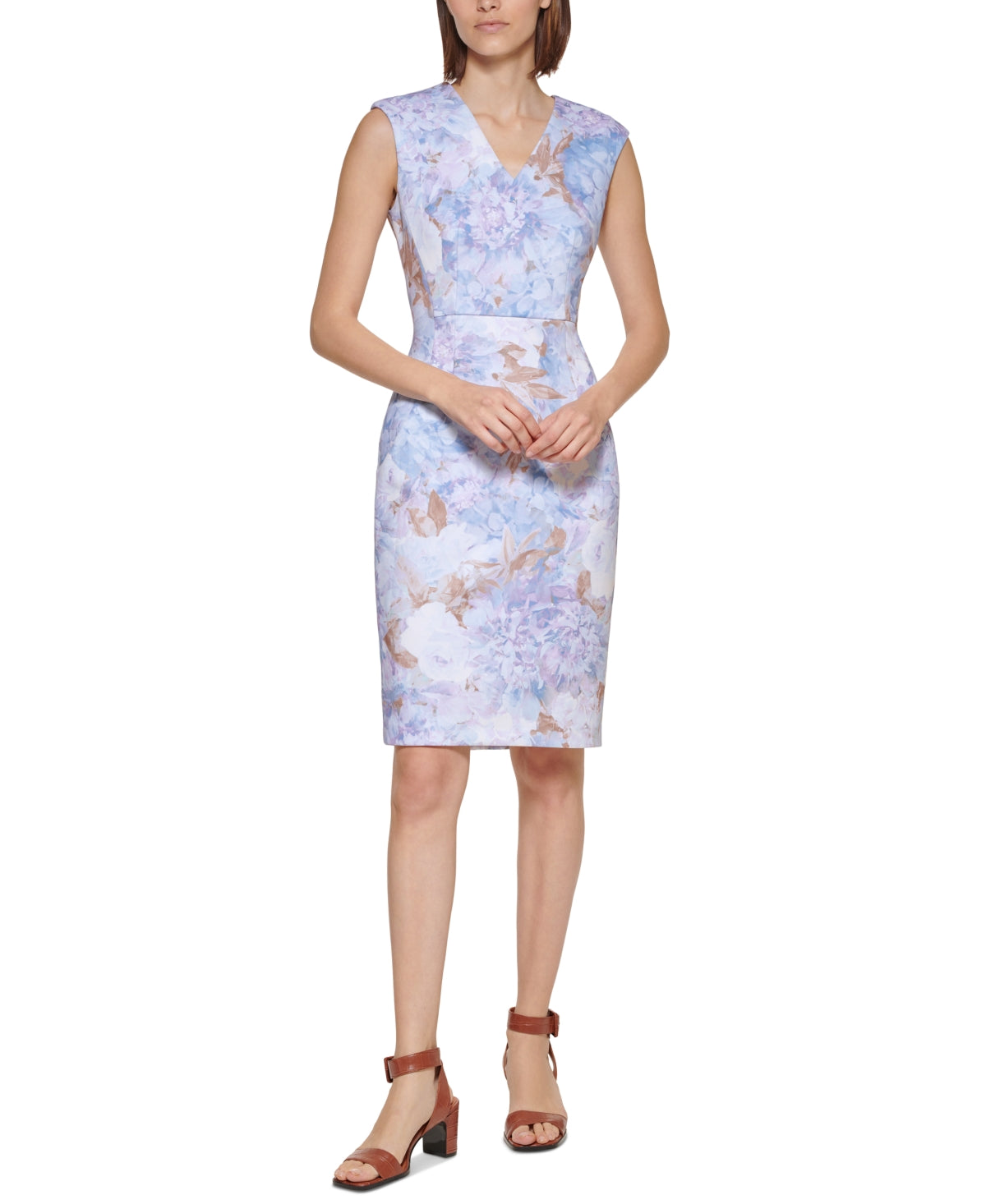 Calvin Klein Women's Floral V Neck Sheath Dress Blue Size 16