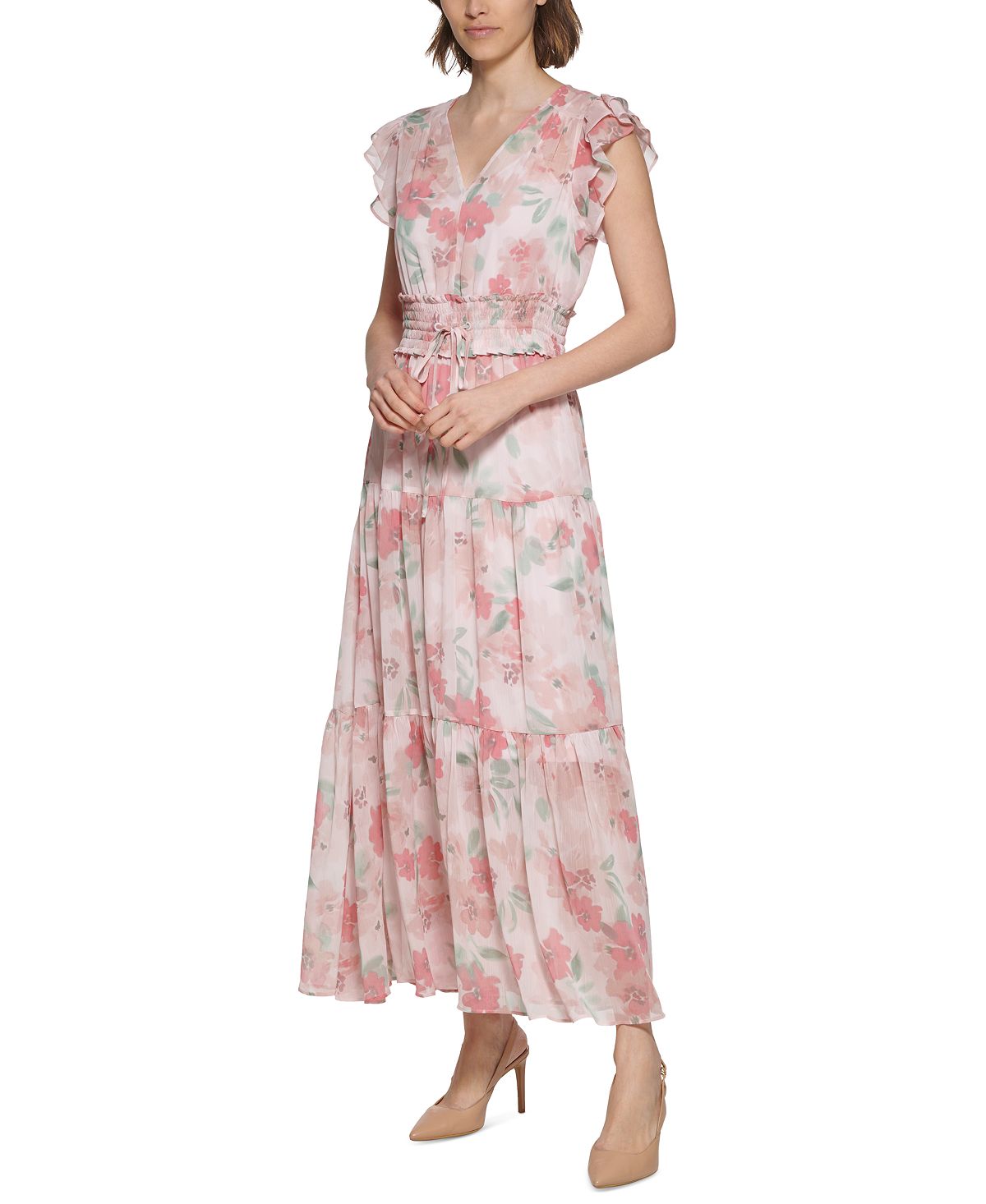 Calvin Klein Women's Floral Print Smocked Waist Tiered Maxi Dress Pink Size 10
