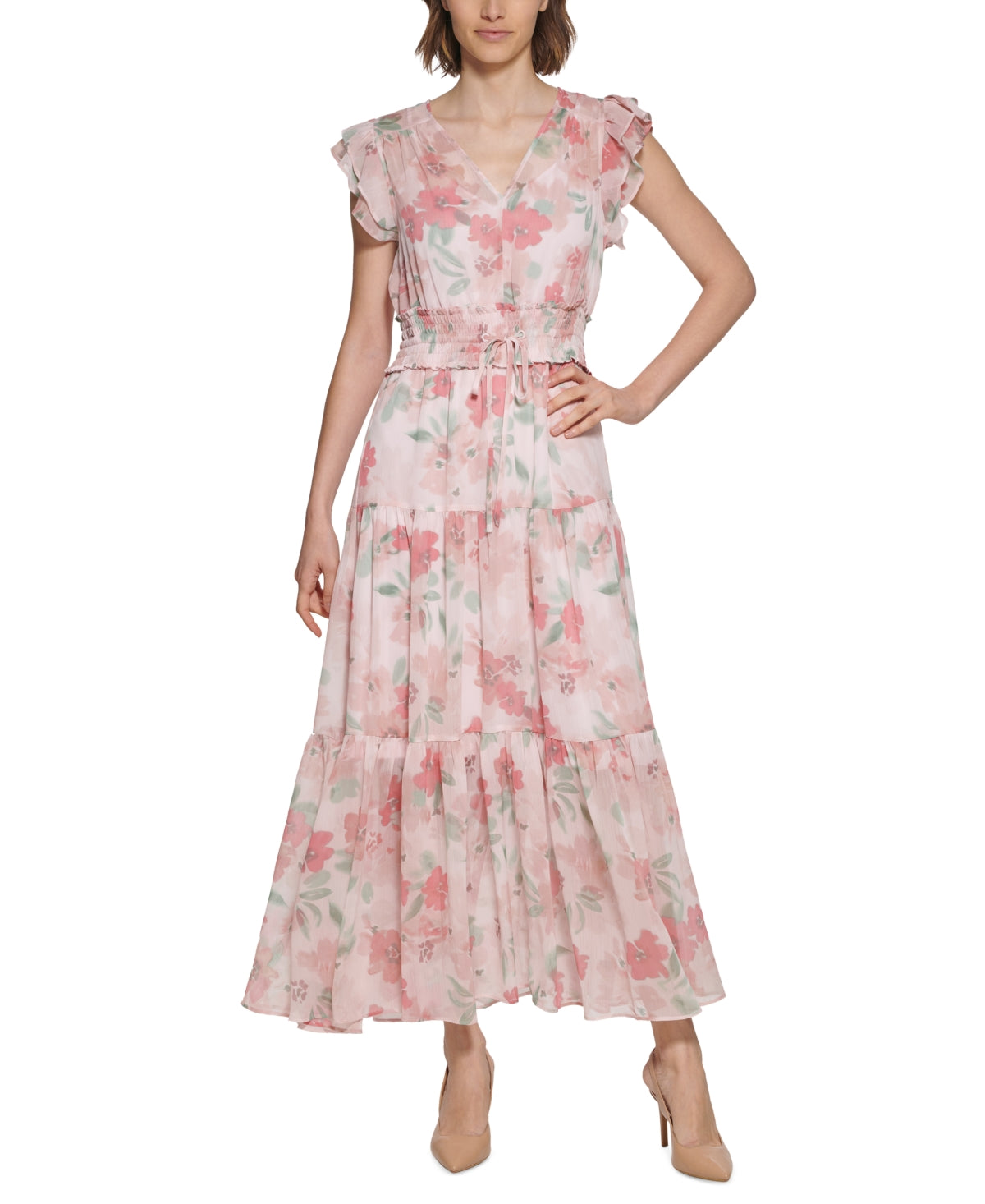 Calvin Klein Women's Floral Print Smocked Waist Tiered Maxi Dress Pink Size 10