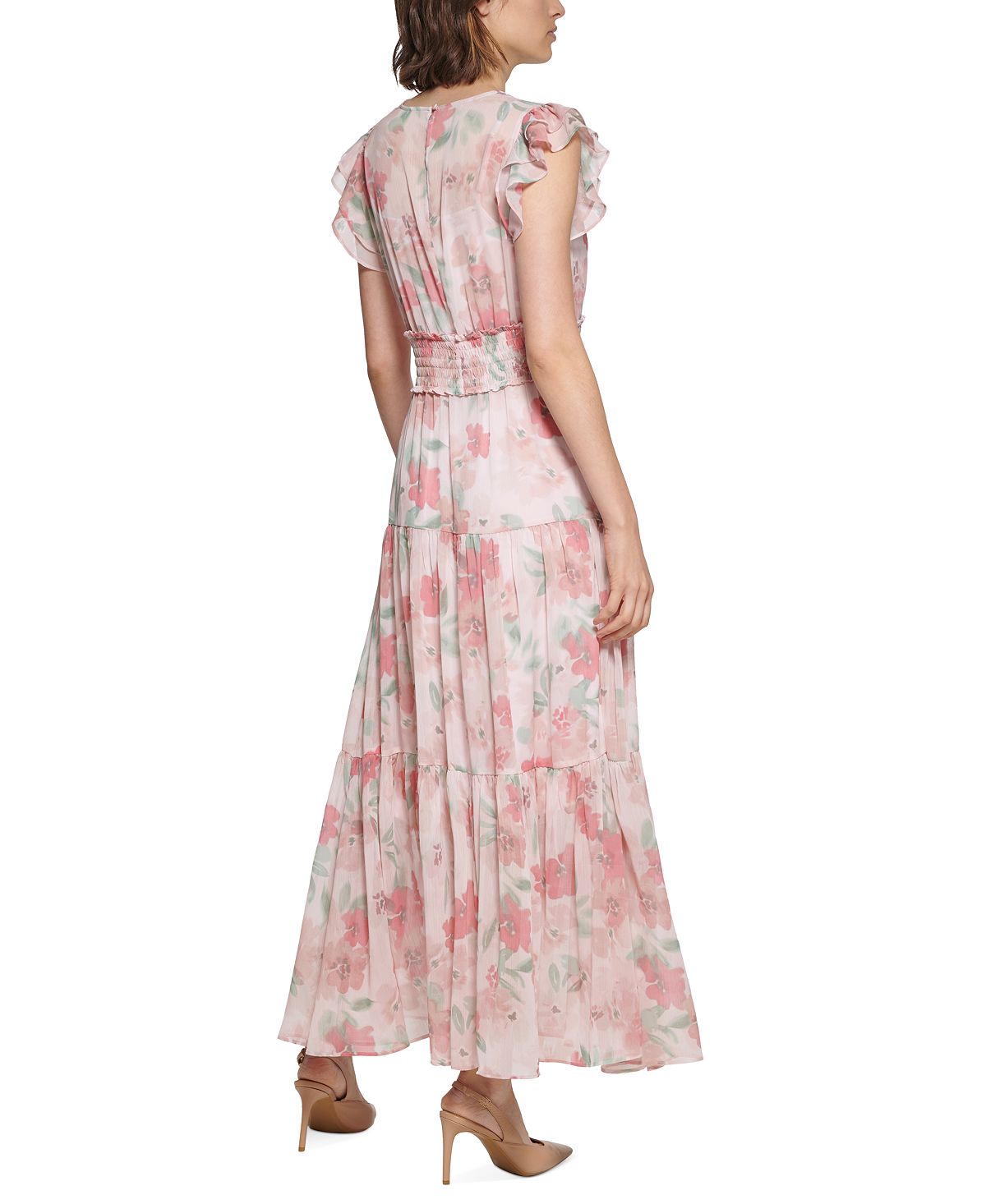Calvin Klein Women's Floral Print Smocked Waist Tiered Maxi Dress Pink Size 6