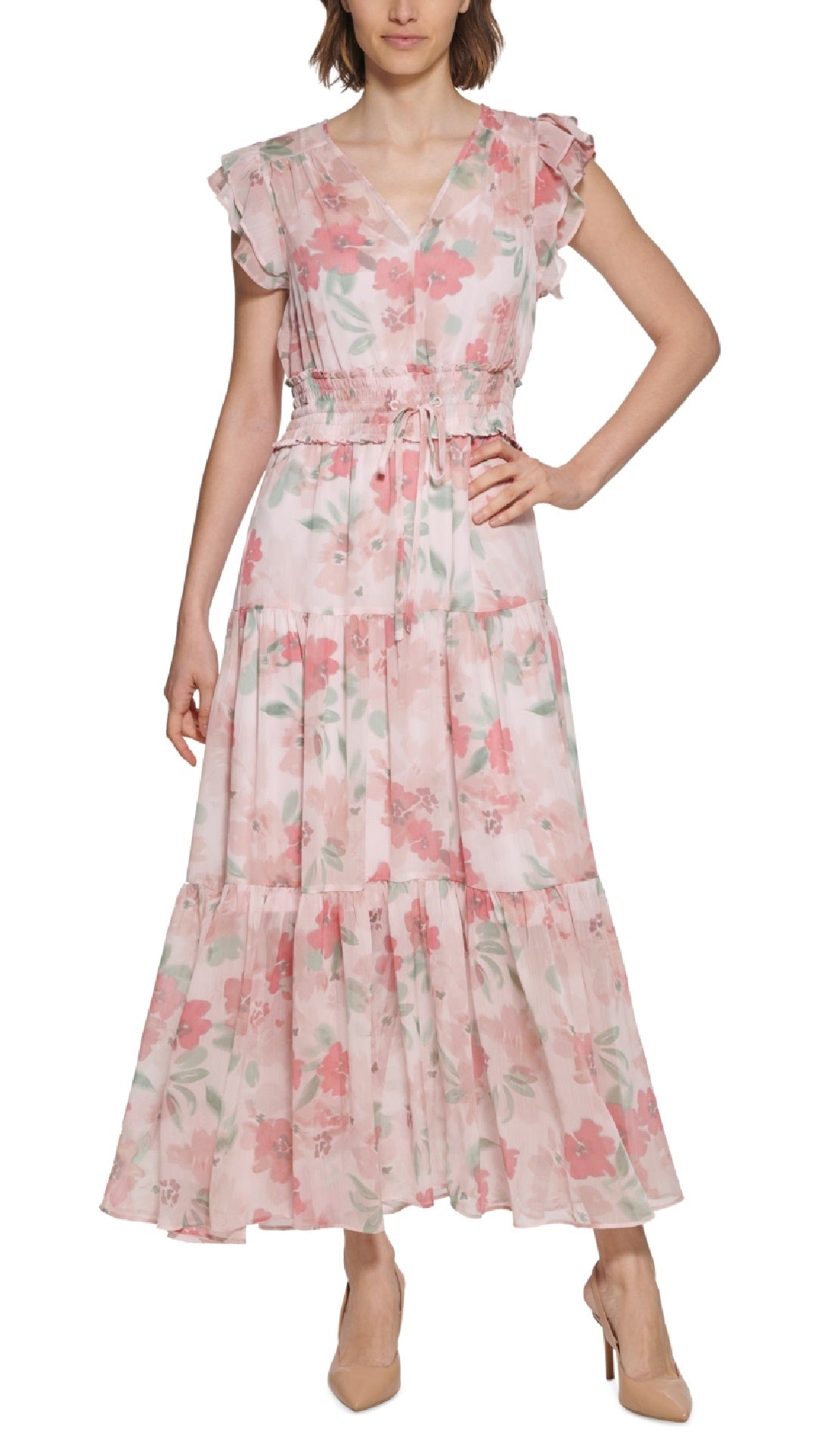Calvin Klein Women's Floral Print Smocked Waist Tiered Maxi Dress Pink Size 4