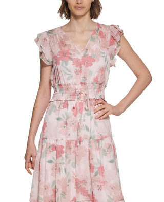 Calvin Klein Women's Floral Print Smocked Waist Tiered Maxi Dress Pink Size 4