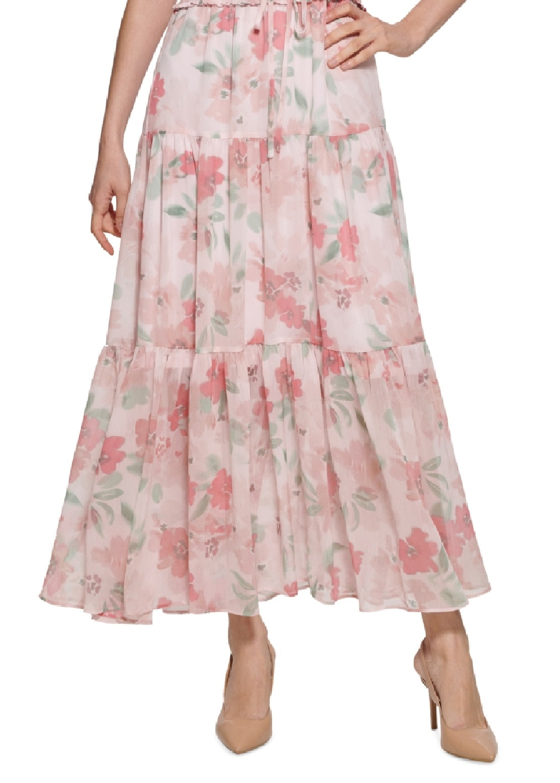 Calvin Klein Women's Floral Print Smocked Waist Tiered Maxi Dress Pink Size 4