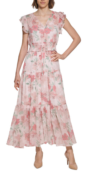Calvin Klein Women's Floral Print Smocked Waist Tiered Maxi Dress Pink Size 2