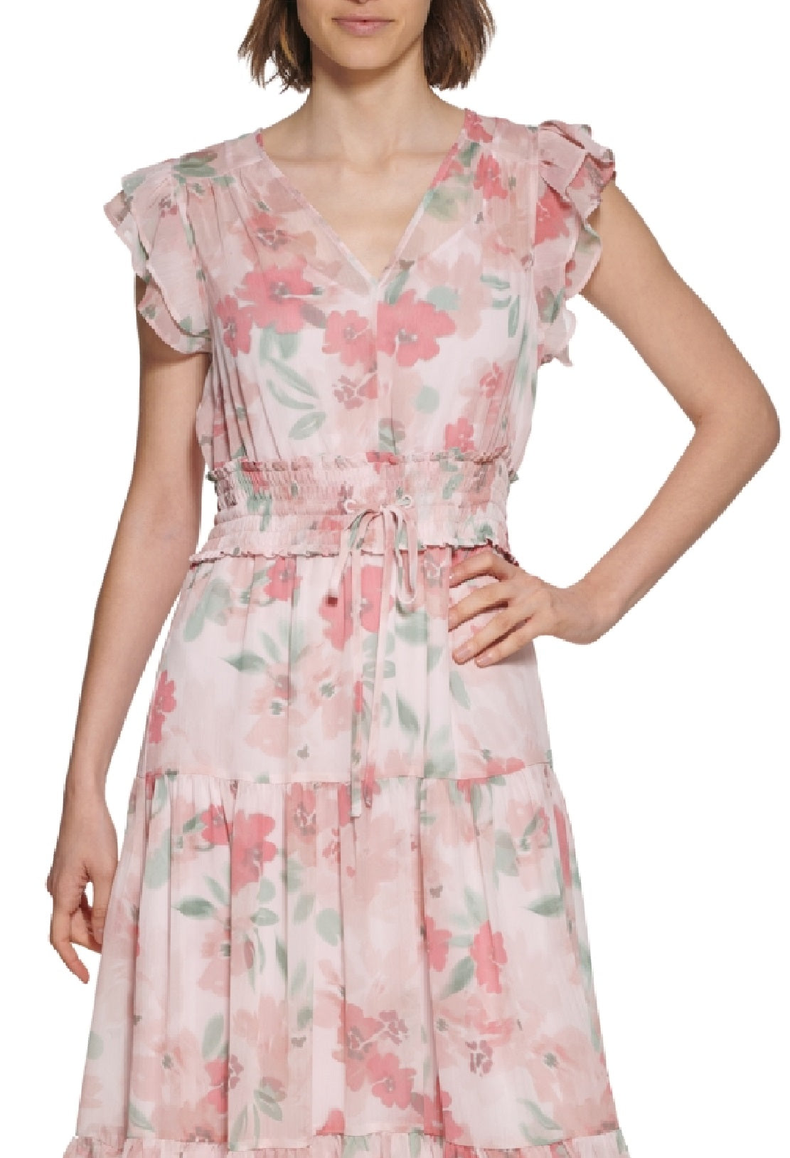 Calvin Klein Women's Floral Print Smocked Waist Tiered Maxi Dress Pink Size 2