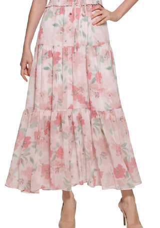 Calvin Klein Women's Floral Print Smocked Waist Tiered Maxi Dress Pink Size 2