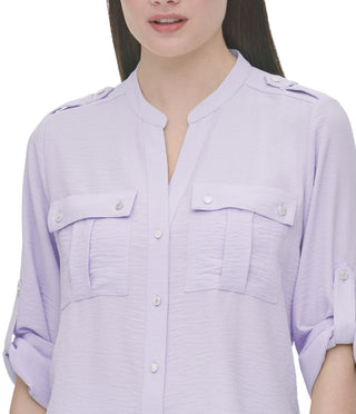 Calvin Klein Women's Textured Roll Tab Blouse Brown Size Small