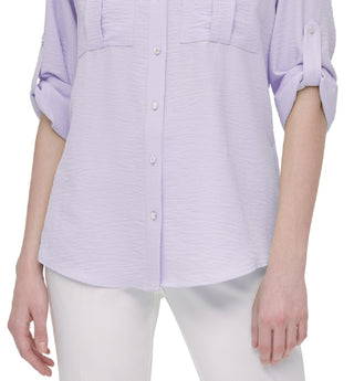 Calvin Klein Women's Textured Roll Tab Blouse Brown Size Small