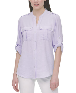 Calvin Klein Women's Textured Roll Tab Blouse Brown Size Small