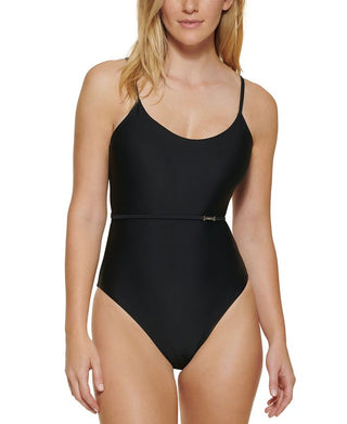Calvin Klein Women's Over The Shoulder Wrap Around One Piece Swimsuit Black Size 12