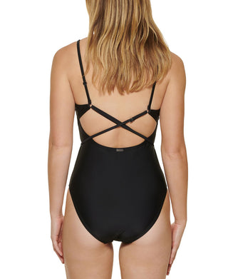 Calvin Klein Women's Over The Shoulder Wrap Around One Piece Swimsuit Black Size 12