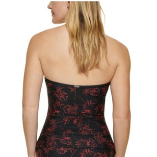 Calvin Klein Women's Printed V Wire Bandeau Halter Tankini Top Swimsuit Black Size X-Large