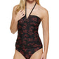 Calvin Klein Women's Printed V Wire Bandeau Halter Tankini Top Swimsuit Black Size Large