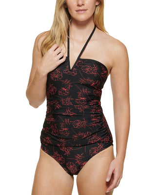Calvin Klein Women's Printed V Wire Bandeau Halter Tankini Top Swimsuit Black Size Large