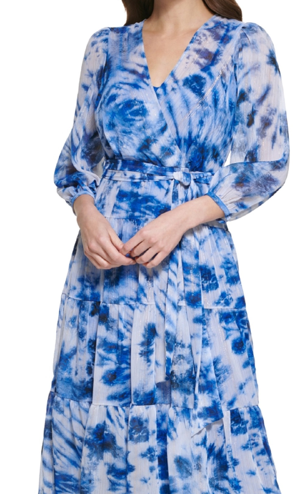 Calvin Klein Women's Tie Dye Metallic Tiered Dress Blue Size 16