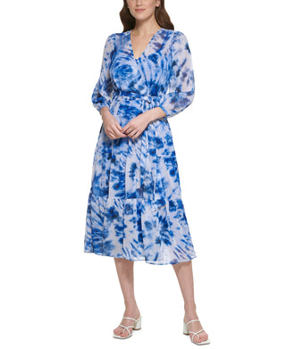 Calvin Klein Women's Tie Dye Metallic Tiered Dress Blue Size 16