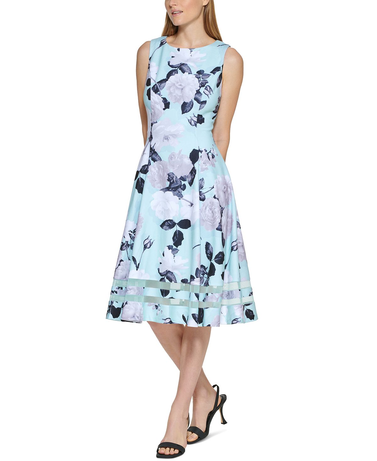 Calvin Klein Women's Floral Print Illusion Hem Midi Dress Blue Size 2