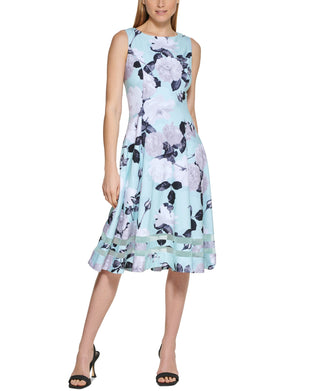 Calvin Klein Women's Floral Print Illusion Hem Midi Dress Blue Size 2