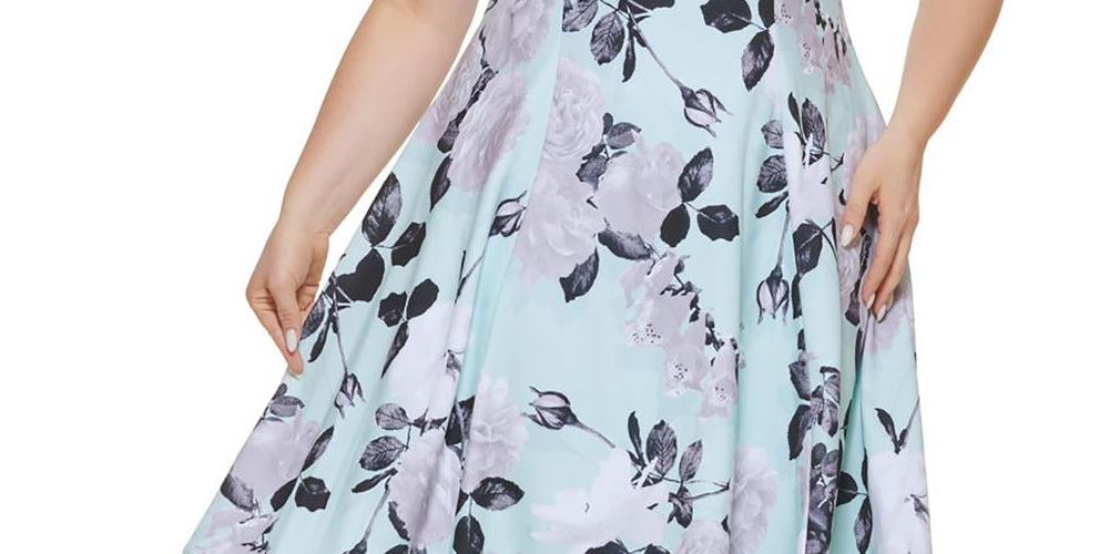 Calvin Klein Women's Floral Print Illusion Hem Dress Blue Size 20W