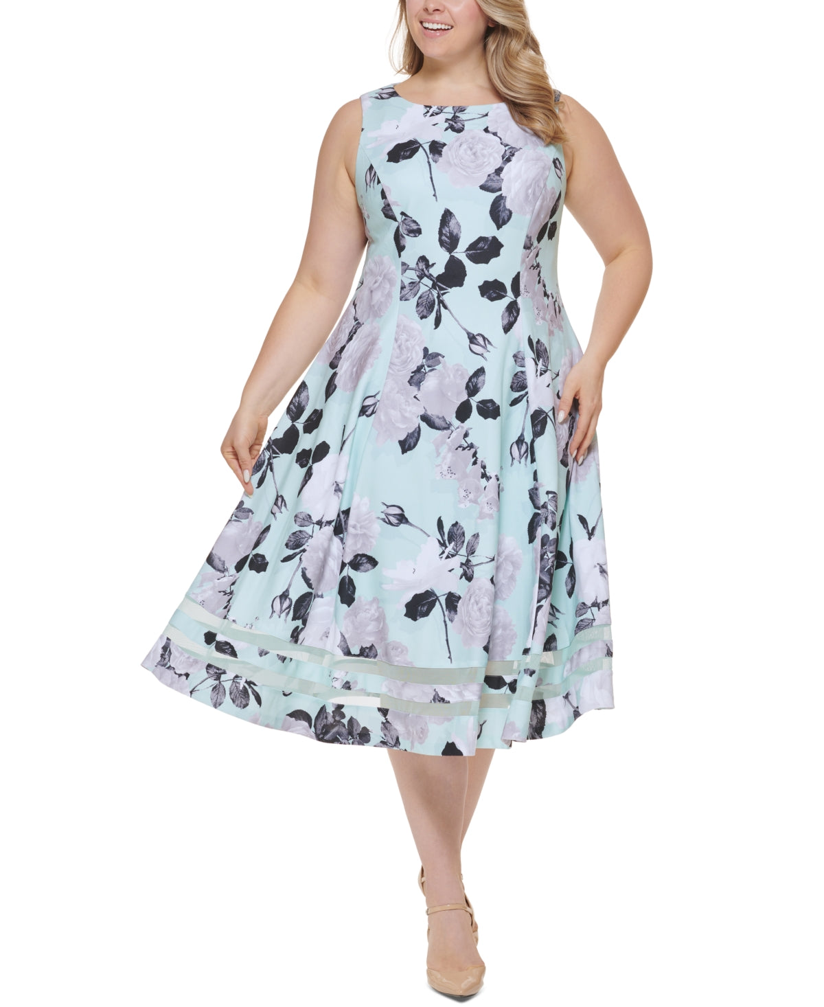 Calvin Klein Women's Plus Floral Print Calf Midi Dress Blue Size 18W