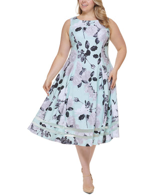 Calvin Klein Women's Plus Floral Print Calf Midi Dress Blue Size 18W