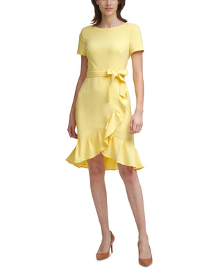 Calvin Klein Women's Ruffle Hem Scuba Crepe Dress Yellow Size 12Petite