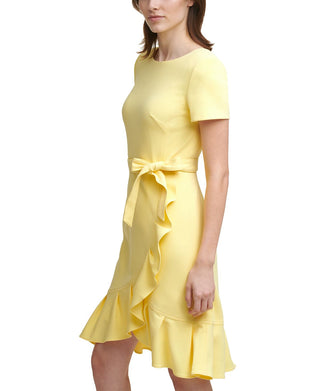Calvin Klein Women's Ruffle Hem Scuba Crepe Dress Yellow Size 12Petite