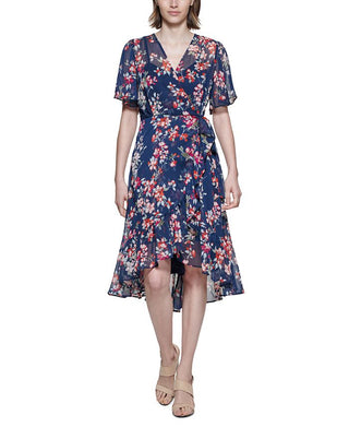 Calvin Klein Women's Surplice High Low Dress Blue Size 8Petite