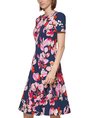 Calvin Klein Women's Floral Print Fit & Flare Dress Blue Size 0Petite