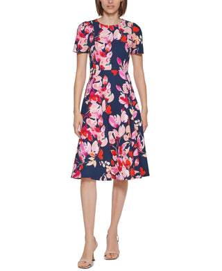 Calvin Klein Women's Floral Print Fit & Flare Dress Blue Size 0Petite
