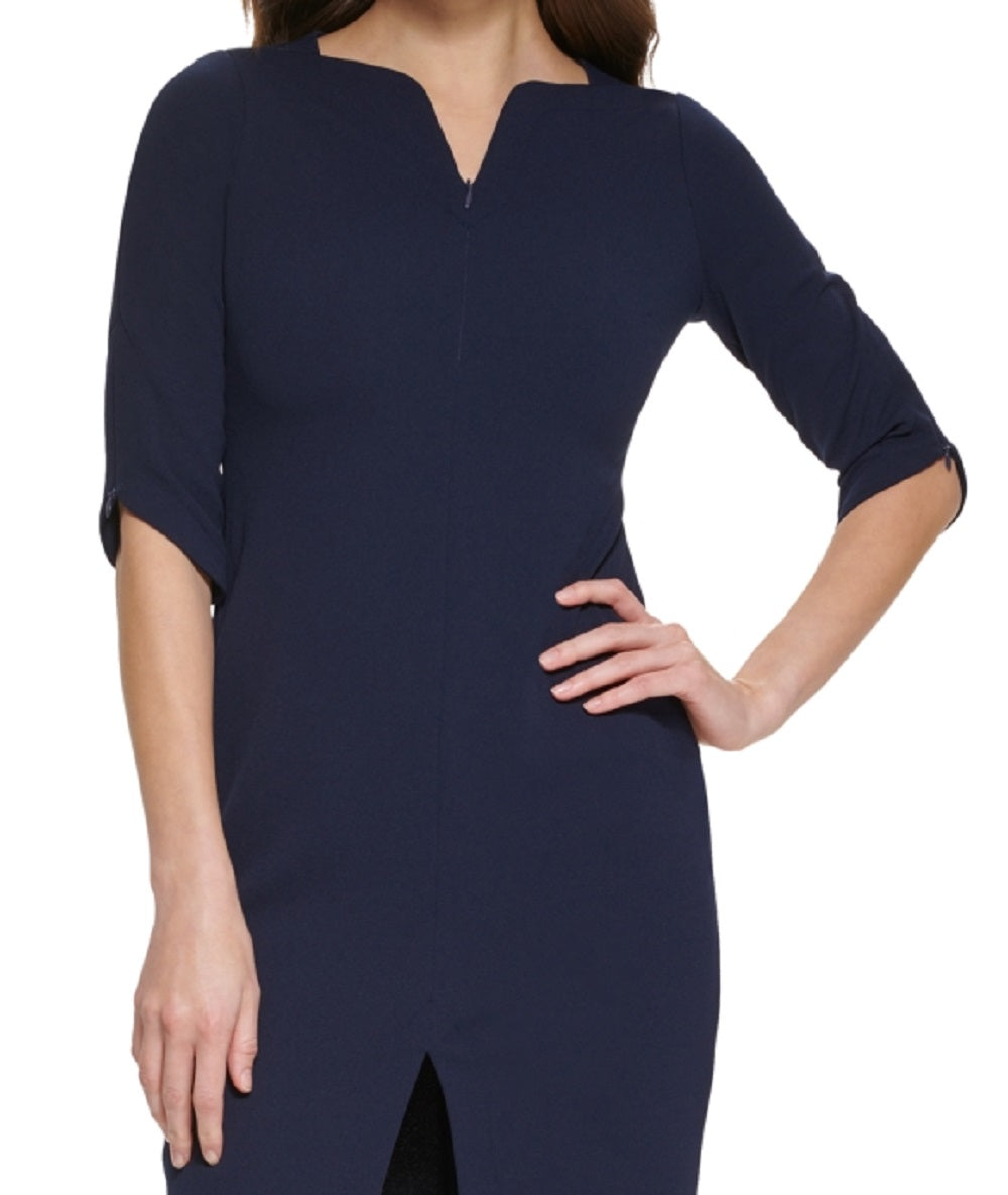 Calvin Klein Women's Zippered Elbow Sleeve Sheath Dress Blue Size 8Petite