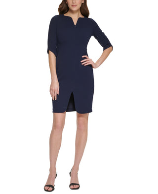 Calvin Klein Women's Zippered Elbow Sleeve Sheath Dress Blue Size 8Petite