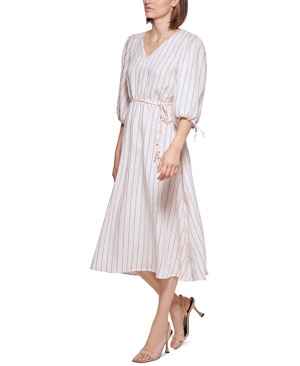 Calvin Klein Women's Striped Puff Sleeve Midi Dress Black Size 4