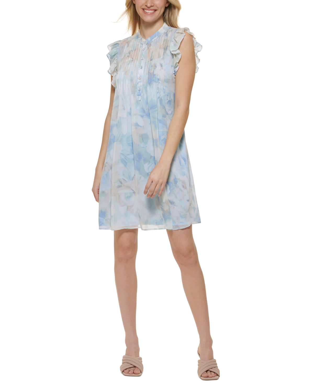 Calvin Klein Women's Printed Flutter Sleeve A Line Dress Blue Size 10