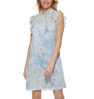 Calvin Klein Women's Printed Flutter Sleeve A Line Dress Blue Size 10