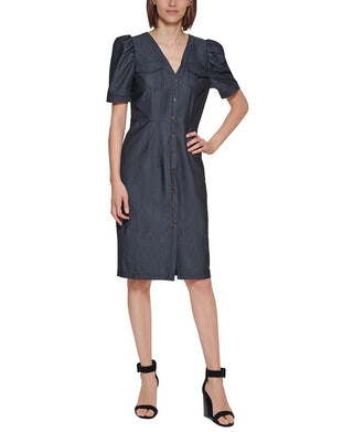 Calvin Klein Women's Denim Puff Sleeve Sheath Dress Blue Size 10