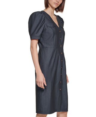 Calvin Klein Women's Denim Puff Sleeve Sheath Dress Blue Size 10