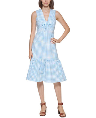 Calvin Klein Women's Knot Front Gingham Midi Dress Blue Size 8