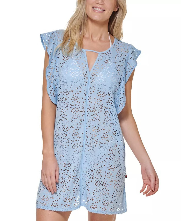 Tommy Hilfiger Women's Eyelet Flutter Sleeve Swim Cover Up Swimsuit Blue Size Large