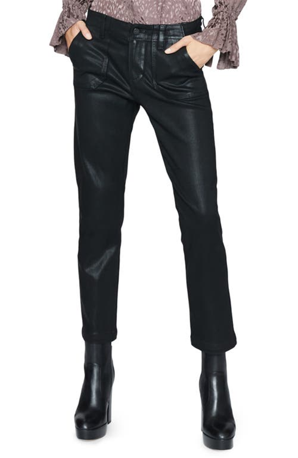 Paige Mayslie Black Luxe Coated Ankle Pants, Size 32