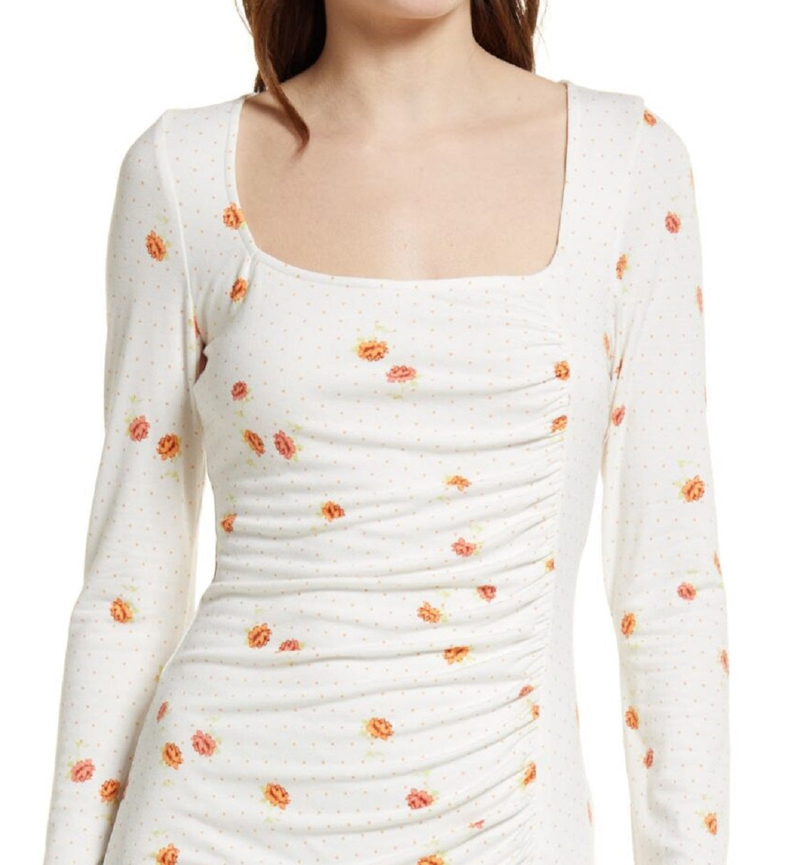 Free People Women's Celia Floral Square Neck Long Sleeve Dress White Size X-Small