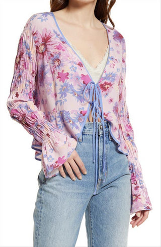 Free People Women's Venice Floral Tie Front Top Purple Size Small